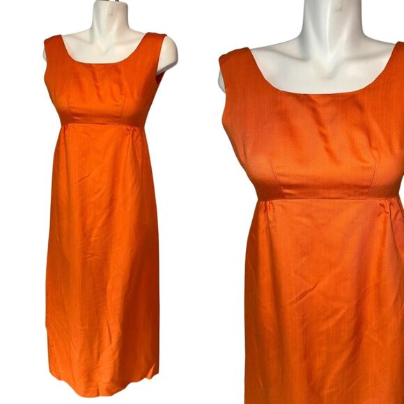 Vtg 70s Orange Dress Sleeveless Maxi Pumpkin Fall Womens Empire Waist Size Small - Picture 1 of 5